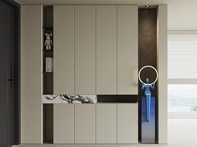 Modern Light Colored Shoe Cabinet With Black Accents And Marble Countertop 3d model