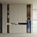 Modern Light Colored Shoe Cabinet With Black Accents And Marble Countertop