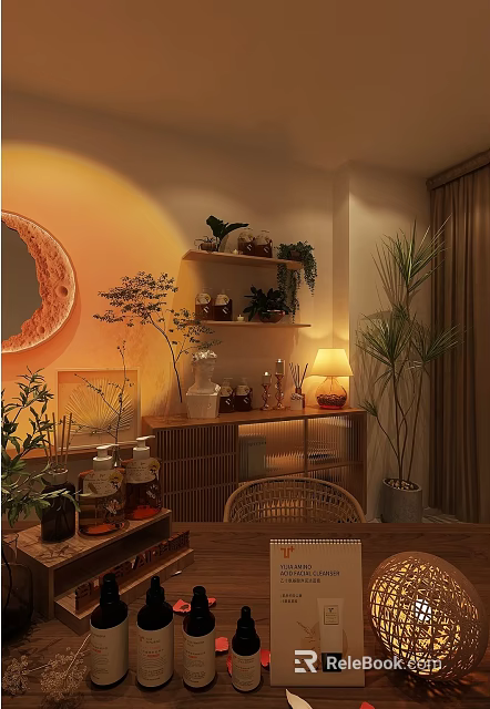 Public Office Area Featuring Warm Yellow Lighting Green Plants Decorative Shelves And Rattan Chairs 3d model 