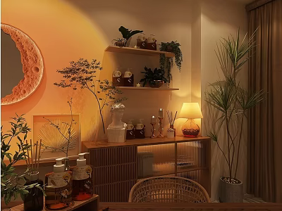 Public Office Area Featuring Warm Yellow Lighting Green Plants Decorative Shelves And Rattan Chairs 3d model