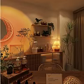 Public Office Area Featuring Warm Yellow Lighting Green Plants Decorative Shelves And Rattan Chairs