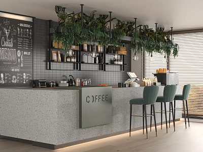 Modern Coffee Shop Interior With Counter Green Bar Stools Hanging Plants And Blackboard Menu 3d model