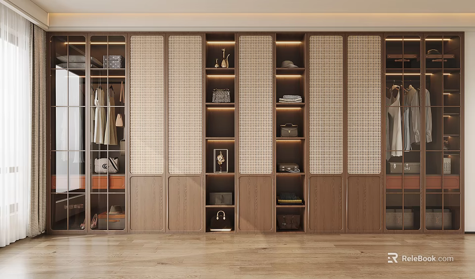 Modern Wooden Wardrobe with Lattice Panel Doors Internal Storage Shelves and Hanging Rods 3d model 