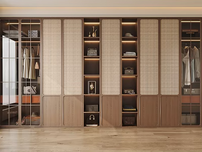 Modern Wooden Wardrobe with Lattice Panel Doors Internal Storage Shelves and Hanging Rods 3d model
