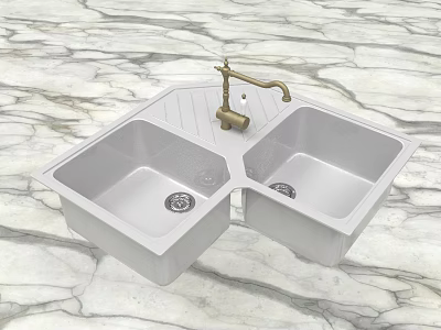 Double Bowl Kitchen Sink With Brass Faucet On Marble Countertop 3d model