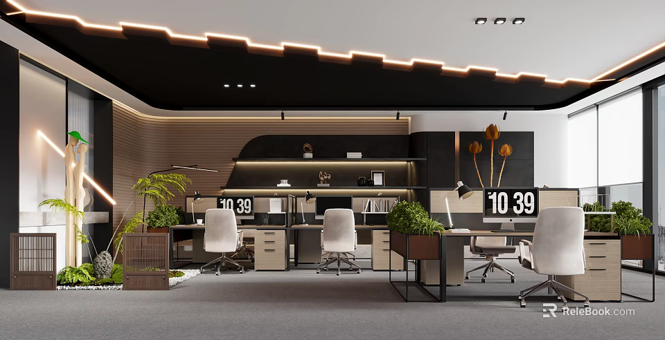 Modern Public Office Space Interior With Workstations Greenery Strip Lighting And Wall Clocks 3d model 