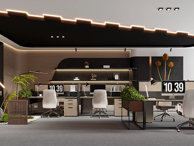 Modern Public Office Space Interior With Workstations Greenery Strip Lighting And Wall Clocks 3d model