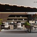 Modern Public Office Space Interior With Workstations Greenery Strip Lighting And Wall Clocks