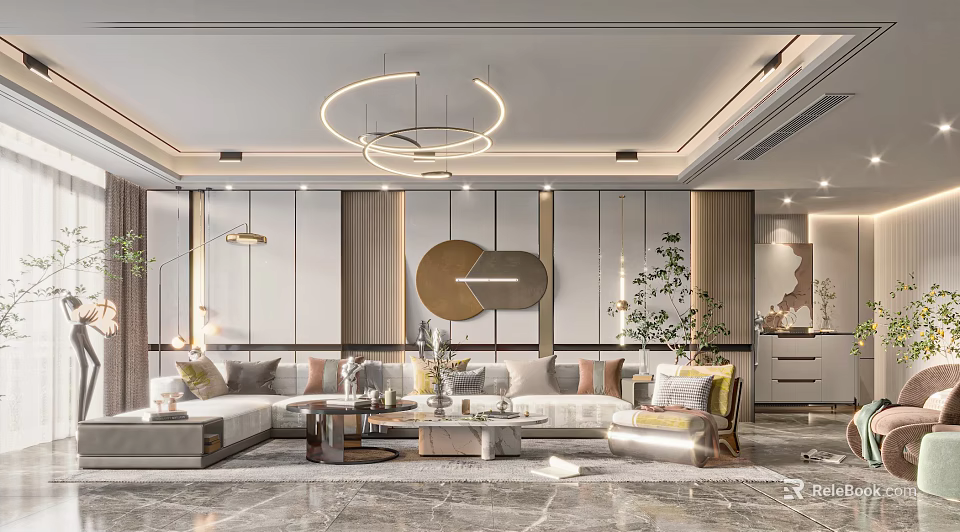 Modern Elegant Living Room Interior With Circular Chandeliers L shaped Sofa And Marble Flooring 3d model 