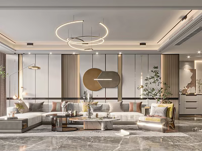 Modern Elegant Living Room Interior With Circular Chandeliers L shaped Sofa And Marble Flooring 3d model