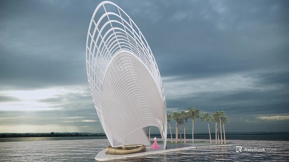 White Shell Shaped Pergola With Curved Structure And Palm Trees By Waterfront 3d model