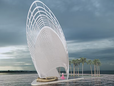 White Shell Shaped Pergola With Curved Structure And Palm Trees By Waterfront 3d model