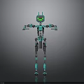Turquoise And Black Mechanical Robot With Green Display Screen And Articulated Limbs