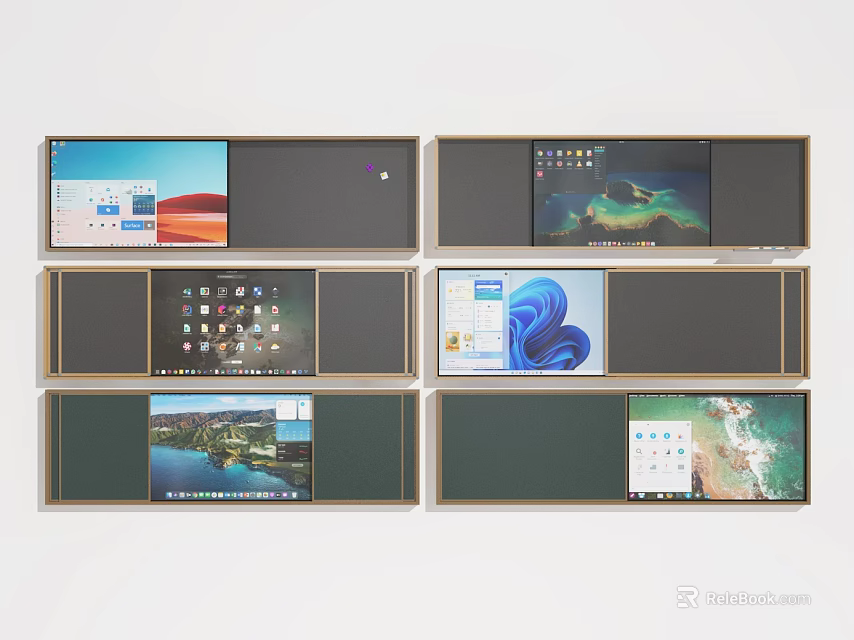 Office Appliances Featuring Multiple Electronic Screens Displaying Different Work Interfaces In Modern Workspace 3d model 