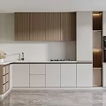 Modern Kitchen Interior with Wooden Cabinets White Countertop Gray Marble Floor and Built in Oven