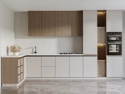 Modern Kitchen Interior with Wooden Cabinets White Countertop Gray Marble Floor and Built in Oven 3d model