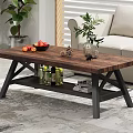Modern Wooden Coffee Table With Metal Frame In Living Room With Sofa And Decorative Plants