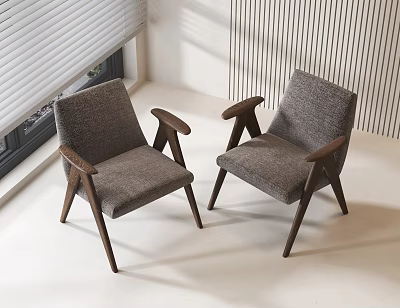 Two Modern Fabric Accent Chairs With Wooden Frame And Armrests In Bright Room 3d model