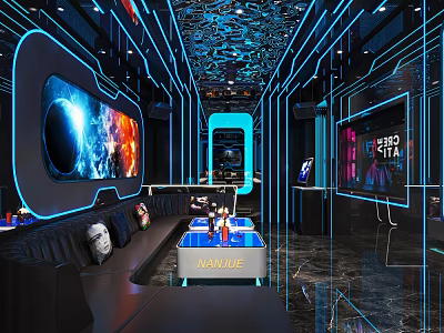 Modern KTV Interior Design With Neon Lights Large Screen And Comfortable Sofa 3d model