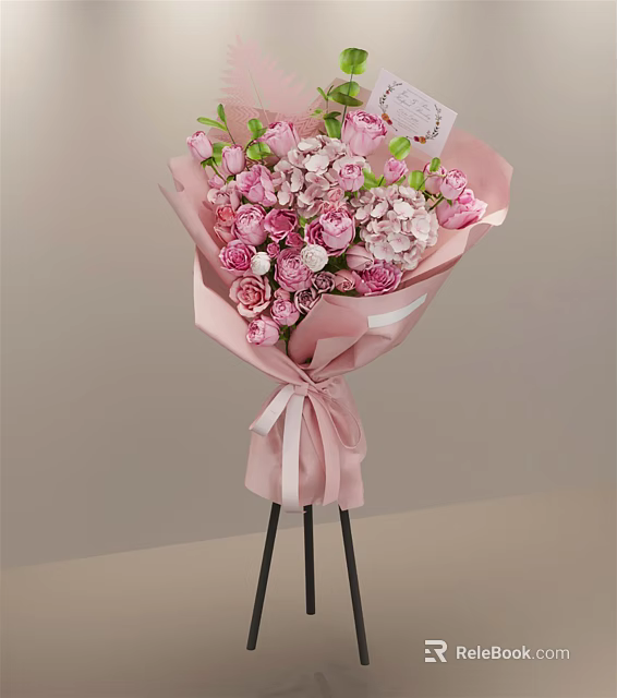Fresh Pink Roses Hydrangeas Bouquet In Pink Wrapping Paper With White Ribbon On Black Tripod 3d model 