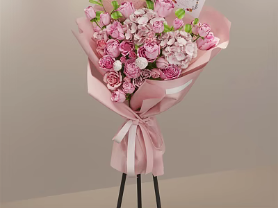 Fresh Pink Roses Hydrangeas Bouquet In Pink Wrapping Paper With White Ribbon On Black Tripod 3d model