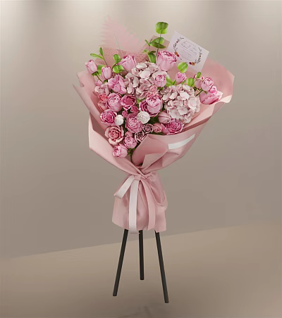 Fresh Pink Roses Hydrangeas Bouquet In Pink Wrapping Paper With White Ribbon On Black Tripod 3d model