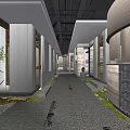 Elegant Modern Hotel Corridor With Stone Walls Textured Floor Ceiling Lighting And Green Plant