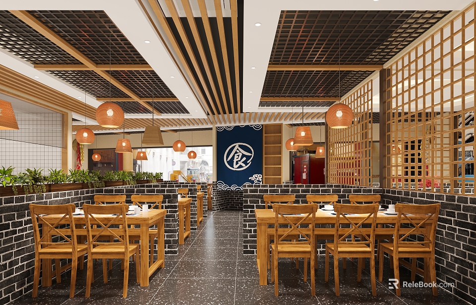 Modern Wooden Restaurant Interior With Warm Pendant Lights Wooden Tables Chairs And Screen Partitions 3d model 