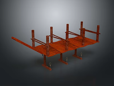 Rustic Wooden Wall Mounted Shelf Structure With Multiple Vertical Pillars Horizontal Planks And Bottom Hooks 3d model