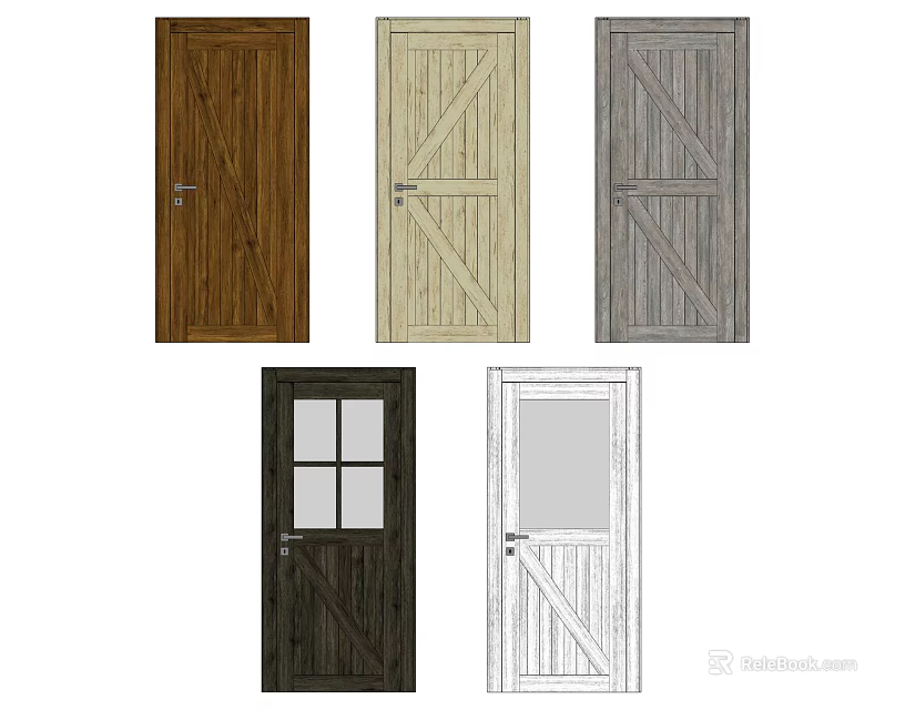Stylish Hinged Doors In Various Colors With Glass Panel And Wooden Designs 3d model 