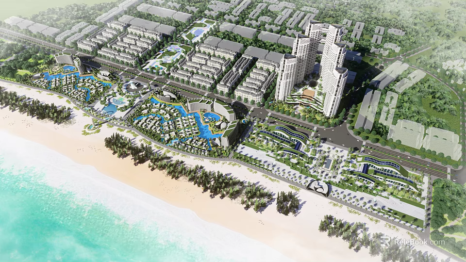 Coastal Commercial Street with Beachfront Area High Rise Buildings and Green Landscaping 3d model 