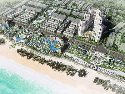 Coastal Commercial Street with Beachfront Area High Rise Buildings and Green Landscaping 3d model