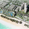 Coastal Commercial Street with Beachfront Area High Rise Buildings and Green Landscaping