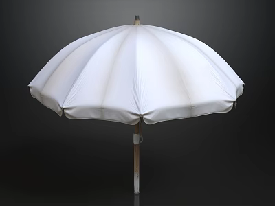 White Pleated Outdoor Umbrella With Wooden Handle And Dark Background 3d model