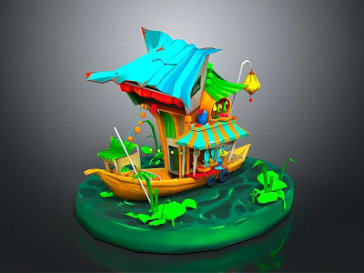 Small Boat Model With Blue Roof Green Decorations Lanterns And Lotus Leaves 3d model