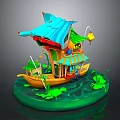 Small Boat Model With Blue Roof Green Decorations Lanterns And Lotus Leaves