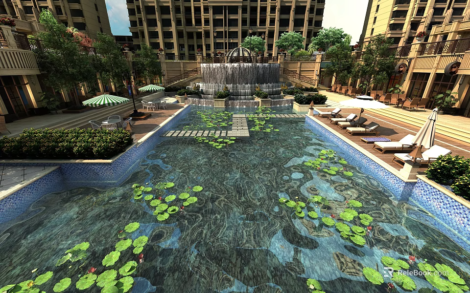 Beautiful Water Fountain In Modern Building Complex With Pool Water Lily Leaves Loungers And Trees 3d model 