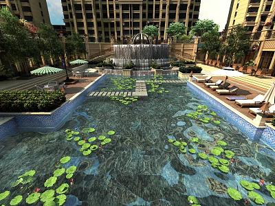 Beautiful Water Fountain In Modern Building Complex With Pool Water Lily Leaves Loungers And Trees 3d model