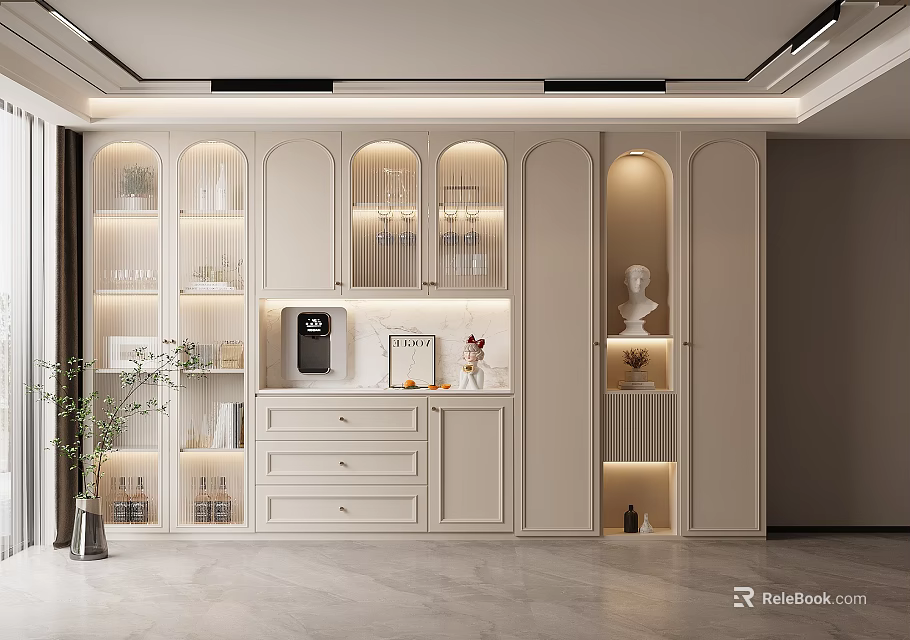 Elegant Modern Wine Cabinet With Glass Doors LED Lighting And Decorative Elements 3d model 