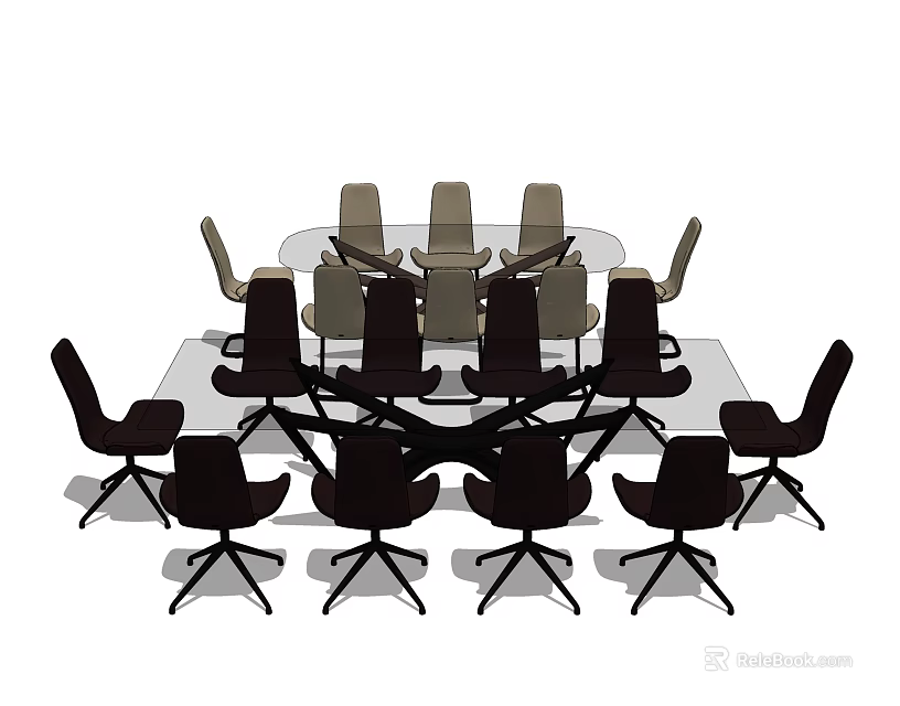 Modern Conference Table with Round Glass Top and Black Gray Chairs 3d model 