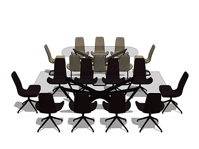 Modern Conference Table with Round Glass Top and Black Gray Chairs 3d model
