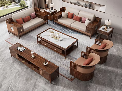 Elegant Leisure Sofa Set With Wooden Frame Coffee Table And Side Tables In Living Room 3d model
