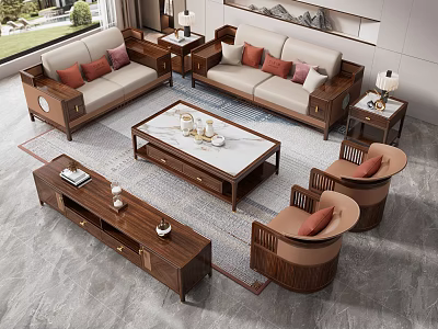 New Chinese Style Living Room Solid Wood Sofa Combination Single Sofa 3d model