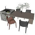 Modern Dining Set With Red Black Chairs Marble Cabinet And Olive Plant