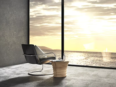 Modern Black Leisure Chair With Metal Frame And Wooden Side Table By Sea View Window 3d model