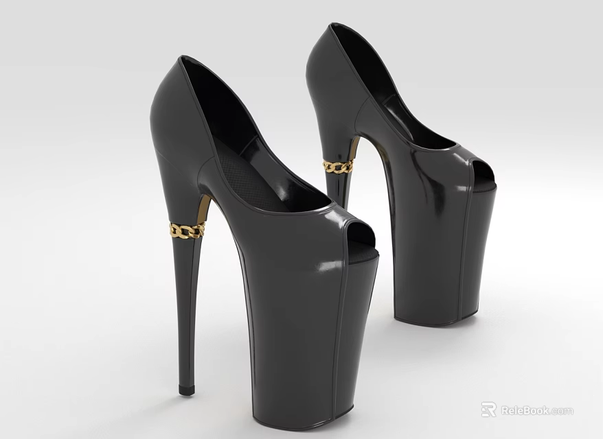 Shiny Black Patent Leather Platform High Heel Shoes with Stiletto Heel and Gold Chain Details 3d model 