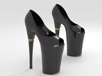 Shiny Black Patent Leather Platform High Heel Shoes with Stiletto Heel and Gold Chain Details 3d model