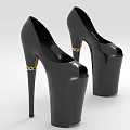 Shiny Black Patent Leather Platform High Heel Shoes with Stiletto Heel and Gold Chain Details