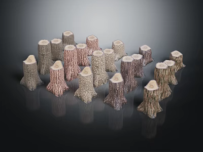 Natural Wood And Stone Tree Stumps Displayed In Arranged Group With Textured Surfaces 3d model
