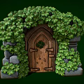 Lush Clover Covered Wooden Door With Stone Frame In Natural Setting